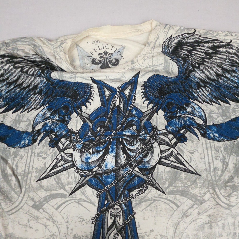 Affliction Live Fast T Shirt Mens MED White Blue Cross Wings Cotton Distressed